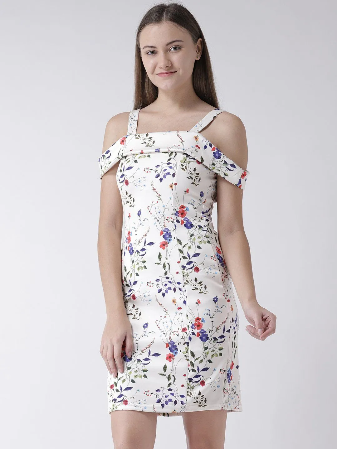 White Cold Shoulder Printed Dress in Scuba