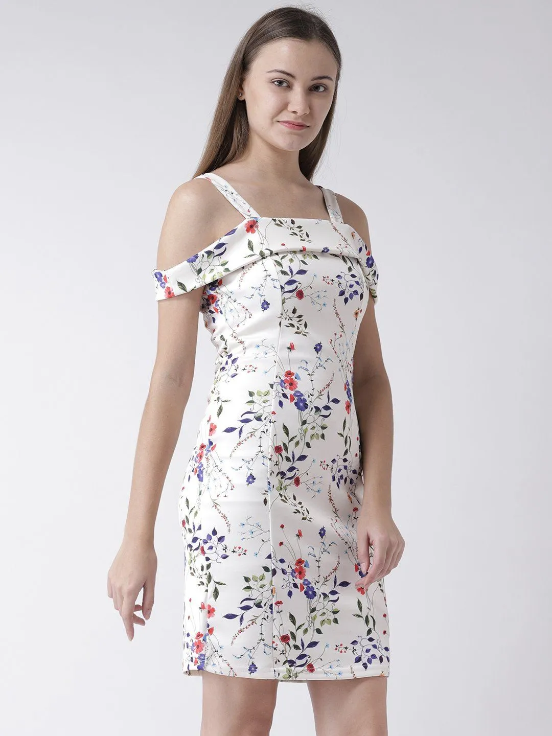 White Cold Shoulder Printed Dress in Scuba