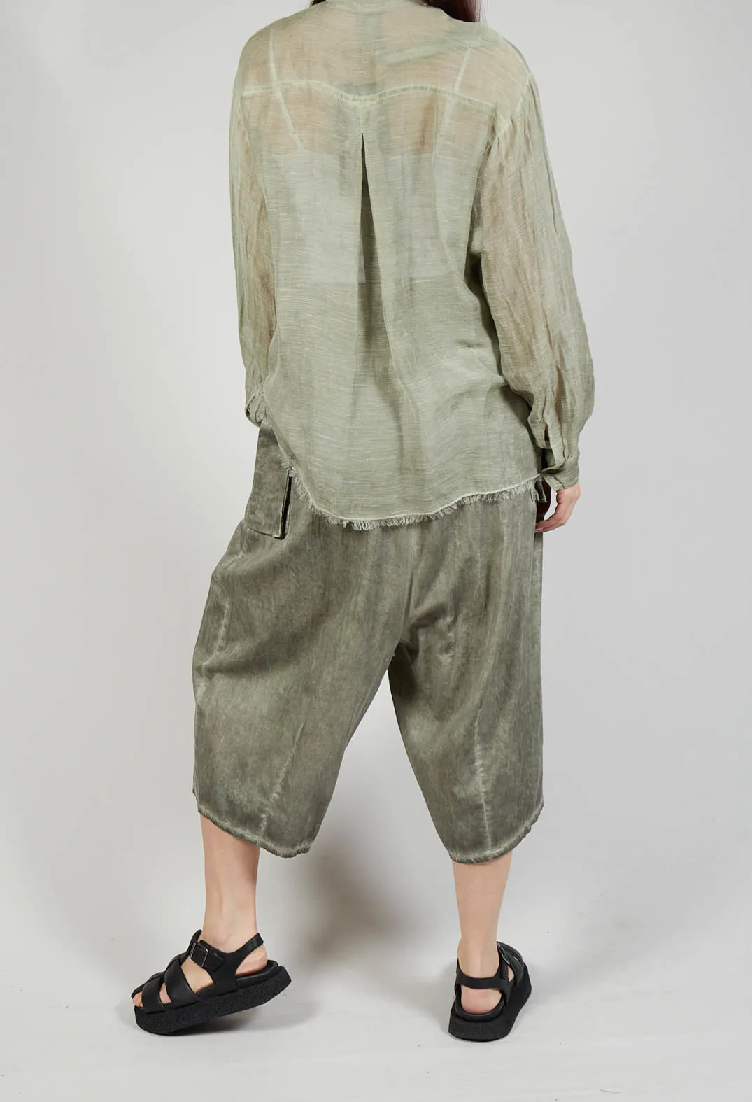 Wide Leg Capri Trousers in Cotone Tinto Freddo Olive