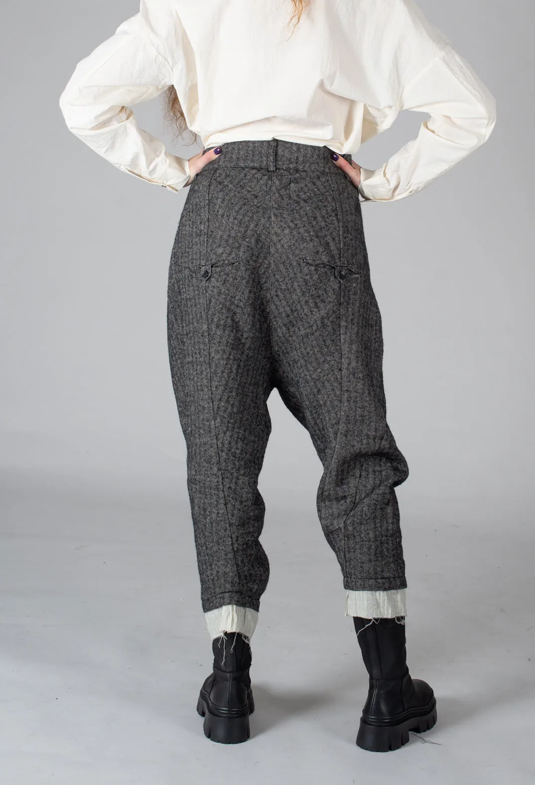 Wide Leg Trousers with Contrasting Hem in Herringbone Grey