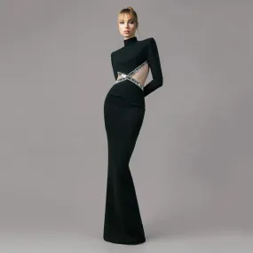 Women's Luxury Diamond Backless Long Sleeve Partywear Dress