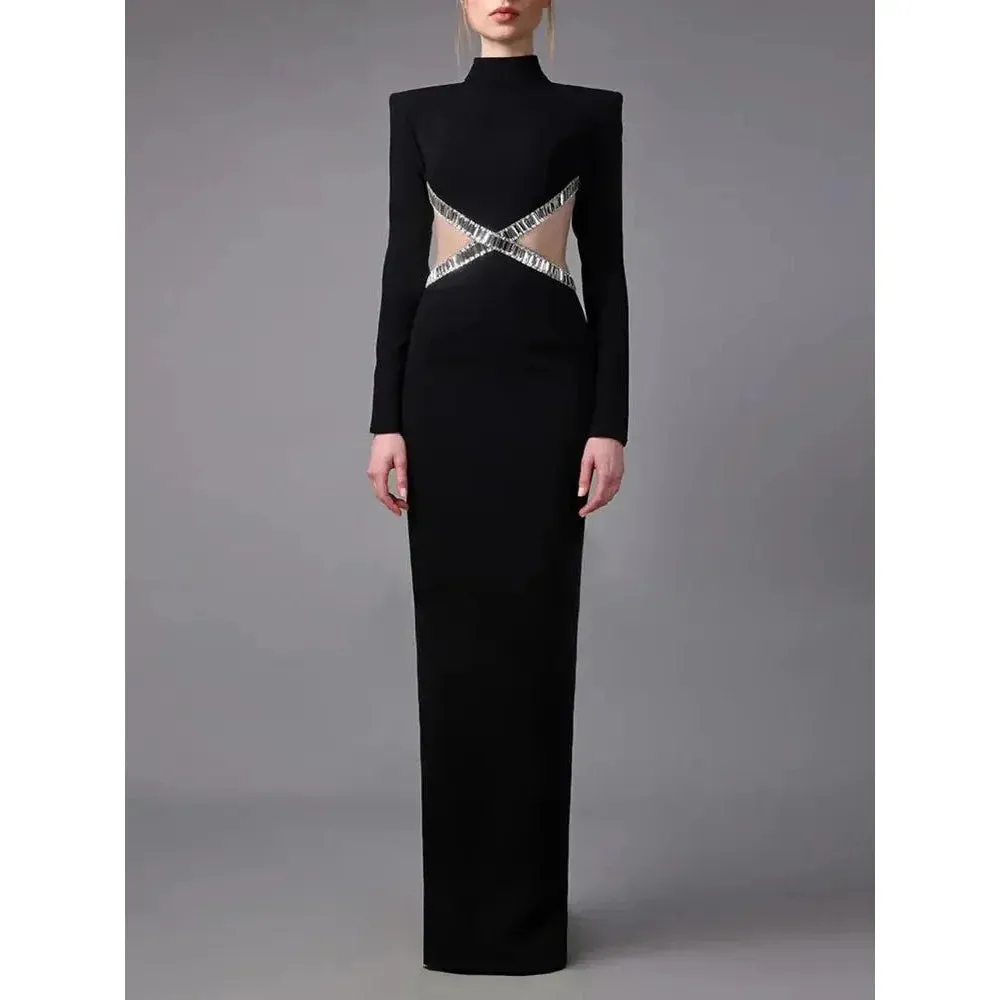 Women's Luxury Diamond Backless Long Sleeve Partywear Dress