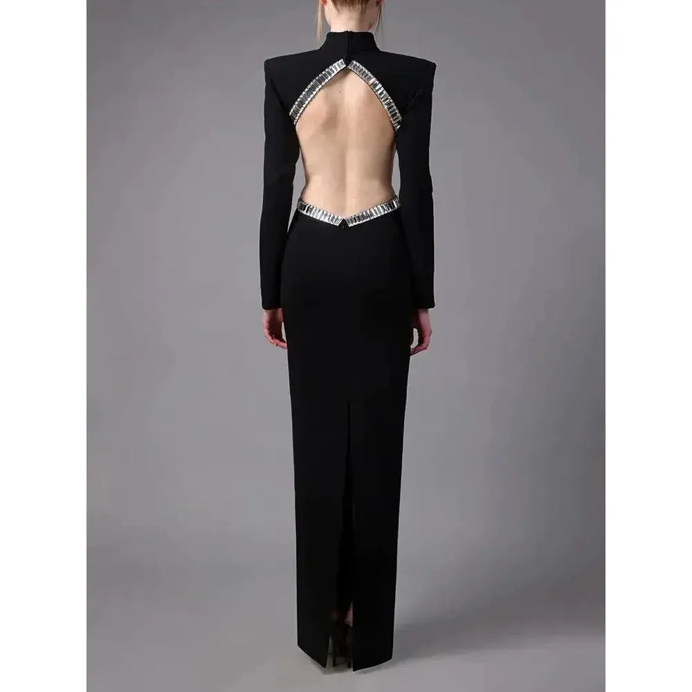 Women's Luxury Diamond Backless Long Sleeve Partywear Dress