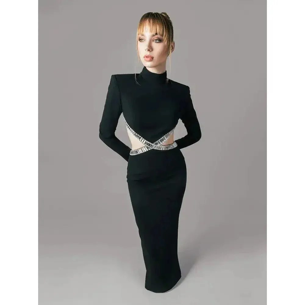 Women's Luxury Diamond Backless Long Sleeve Partywear Dress