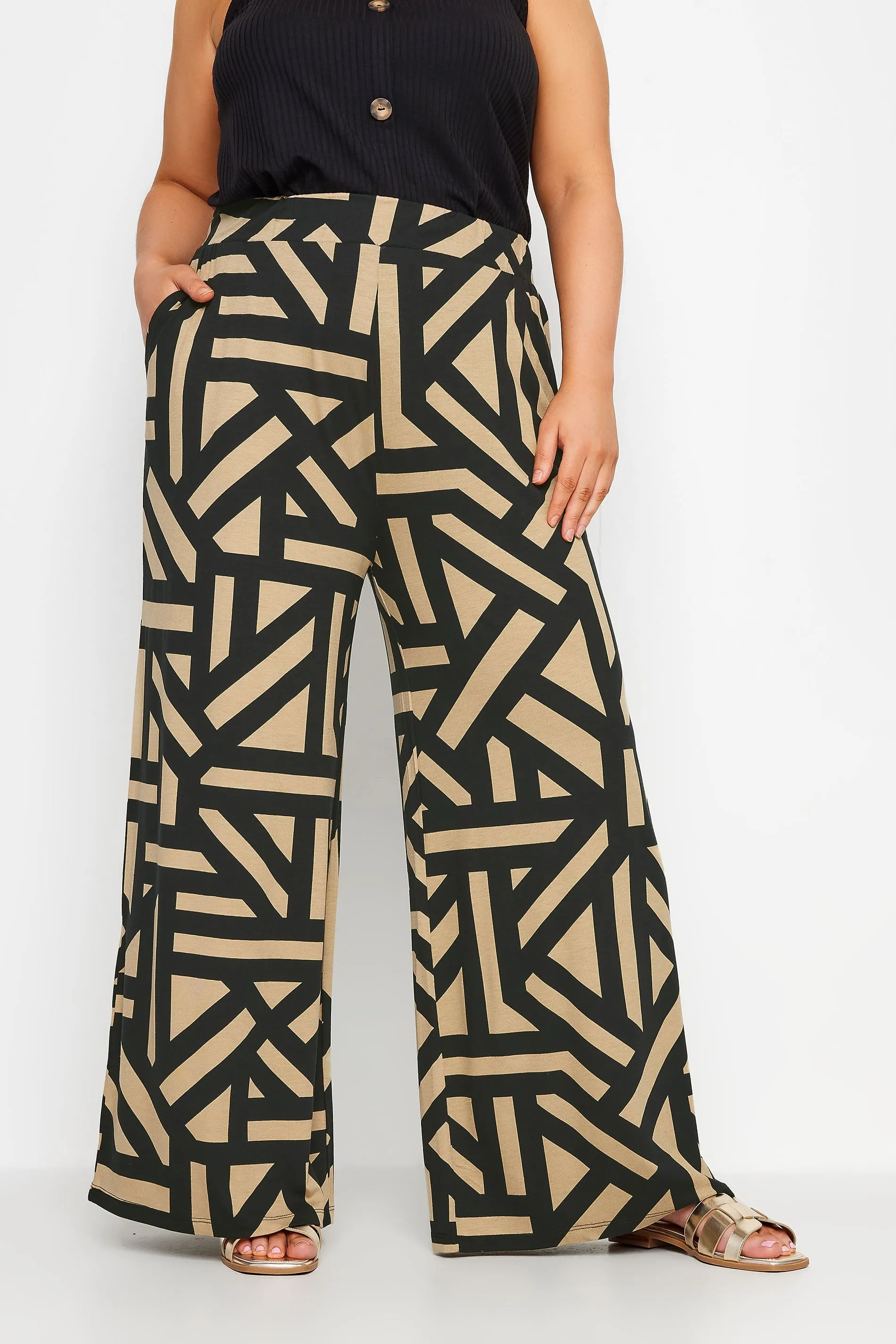 YOURS Curve Beige Brown Geometric Print Wide Leg Trousers