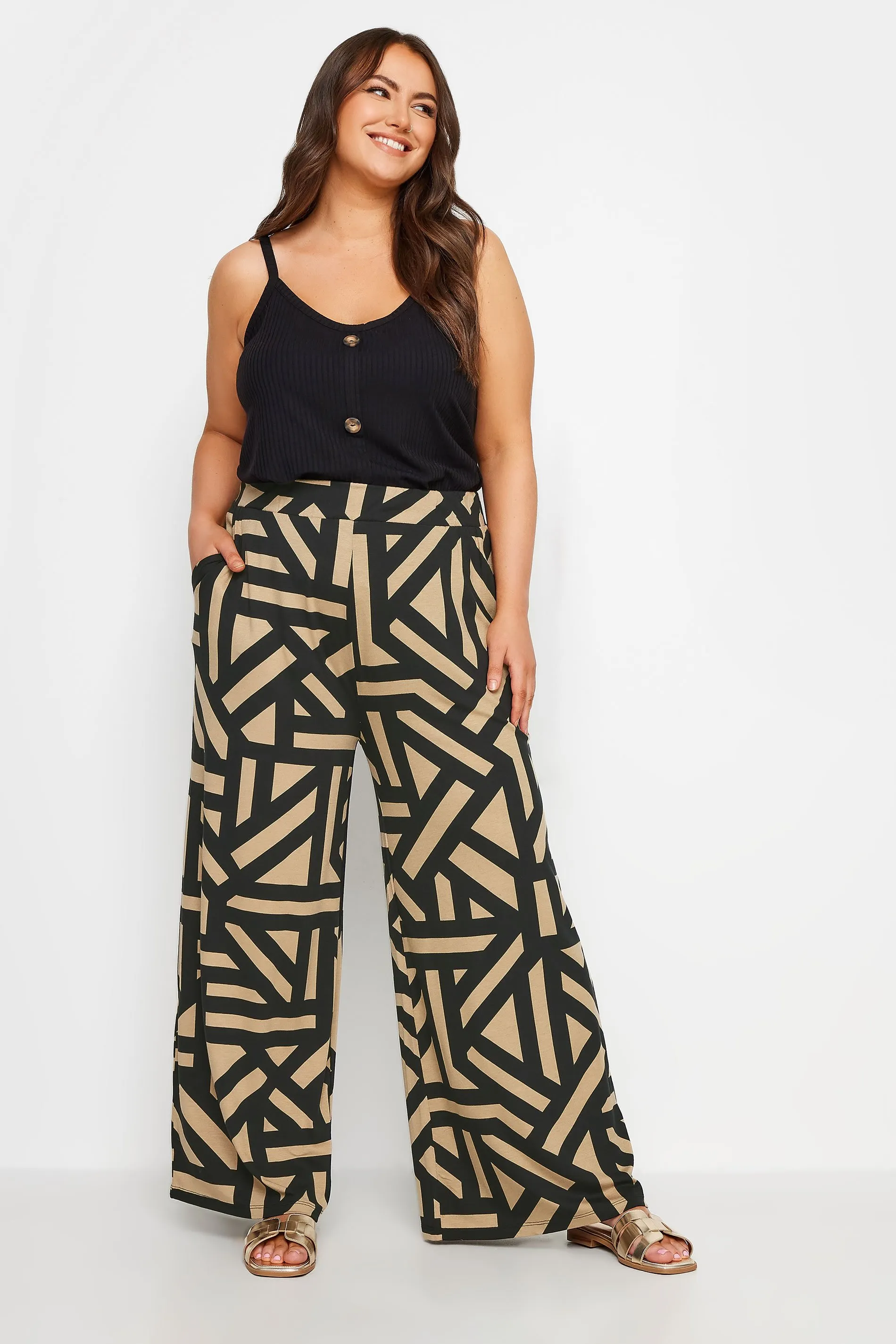 YOURS Curve Beige Brown Geometric Print Wide Leg Trousers