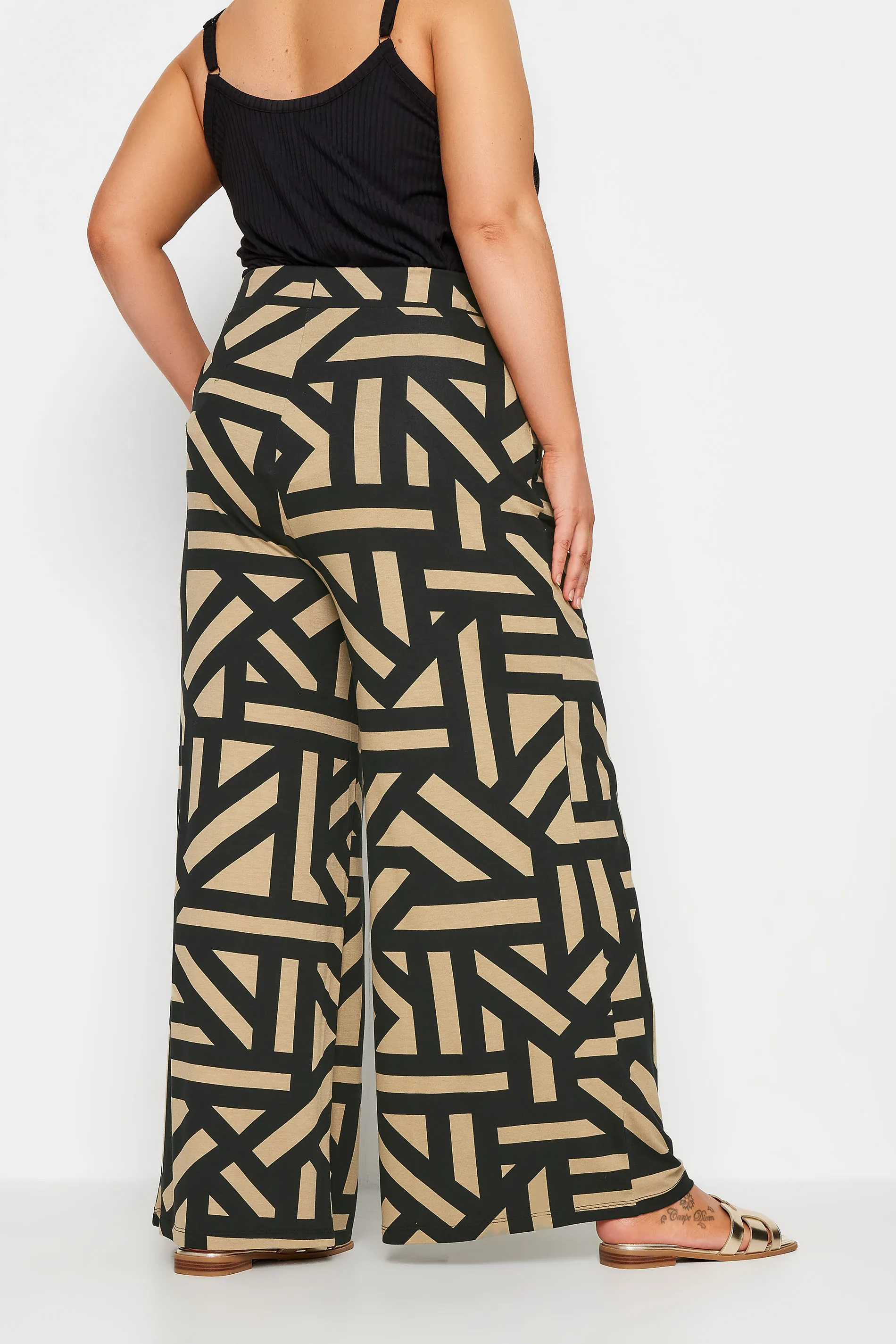 YOURS Curve Beige Brown Geometric Print Wide Leg Trousers