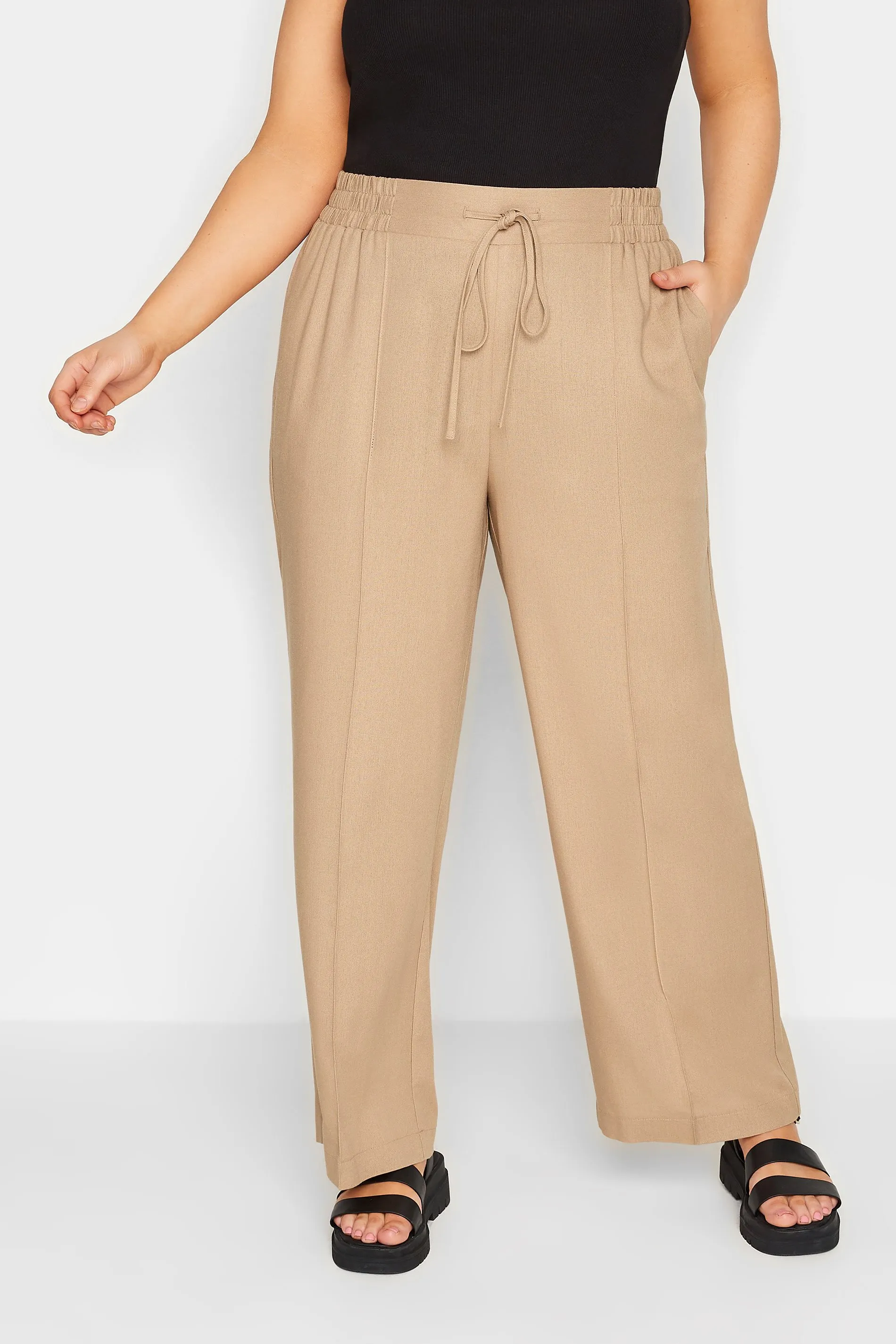 YOURS Curve Beige Brown Wide Leg Linen Trousers