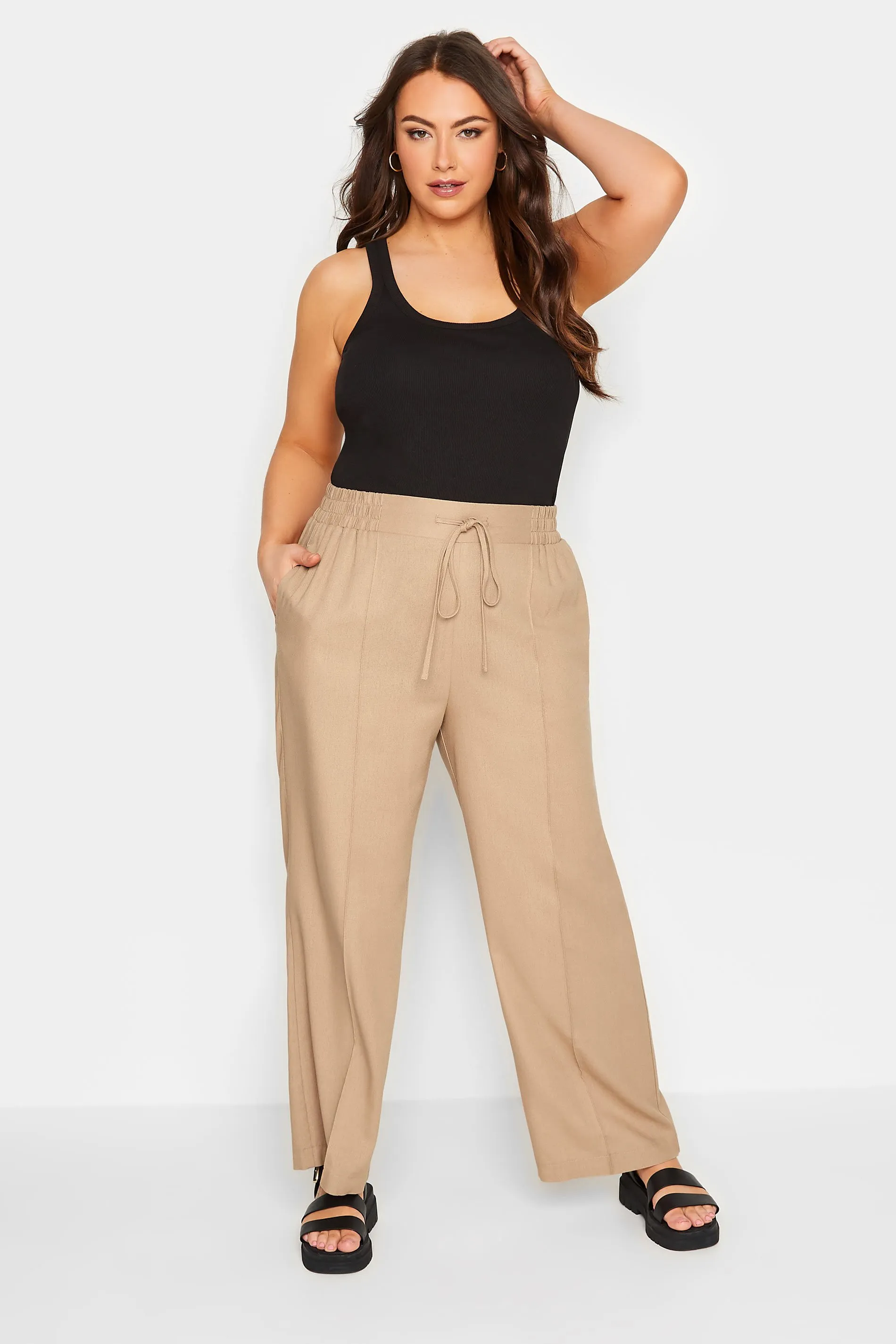 YOURS Curve Beige Brown Wide Leg Linen Trousers