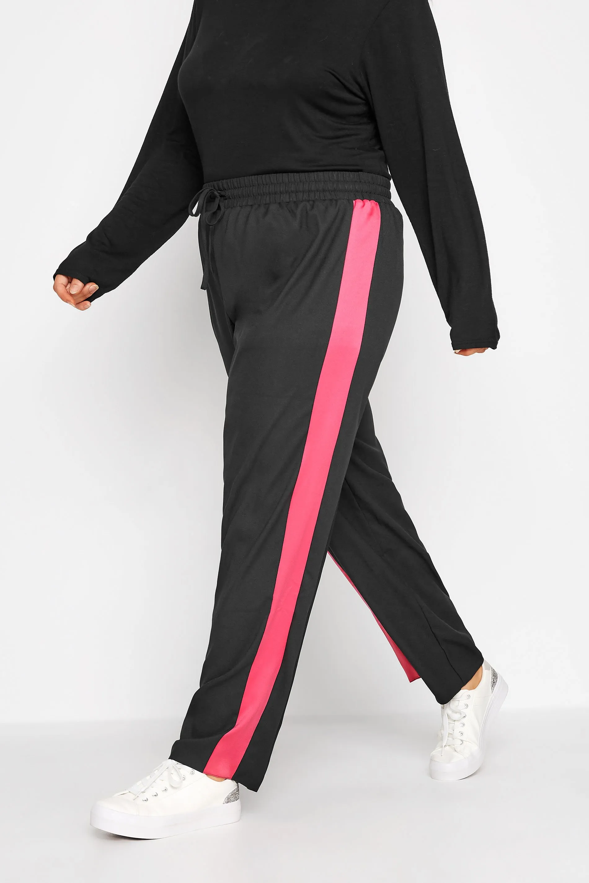 YOURS Curve Black & Pink Contrast Stripe Wide Leg Trousers