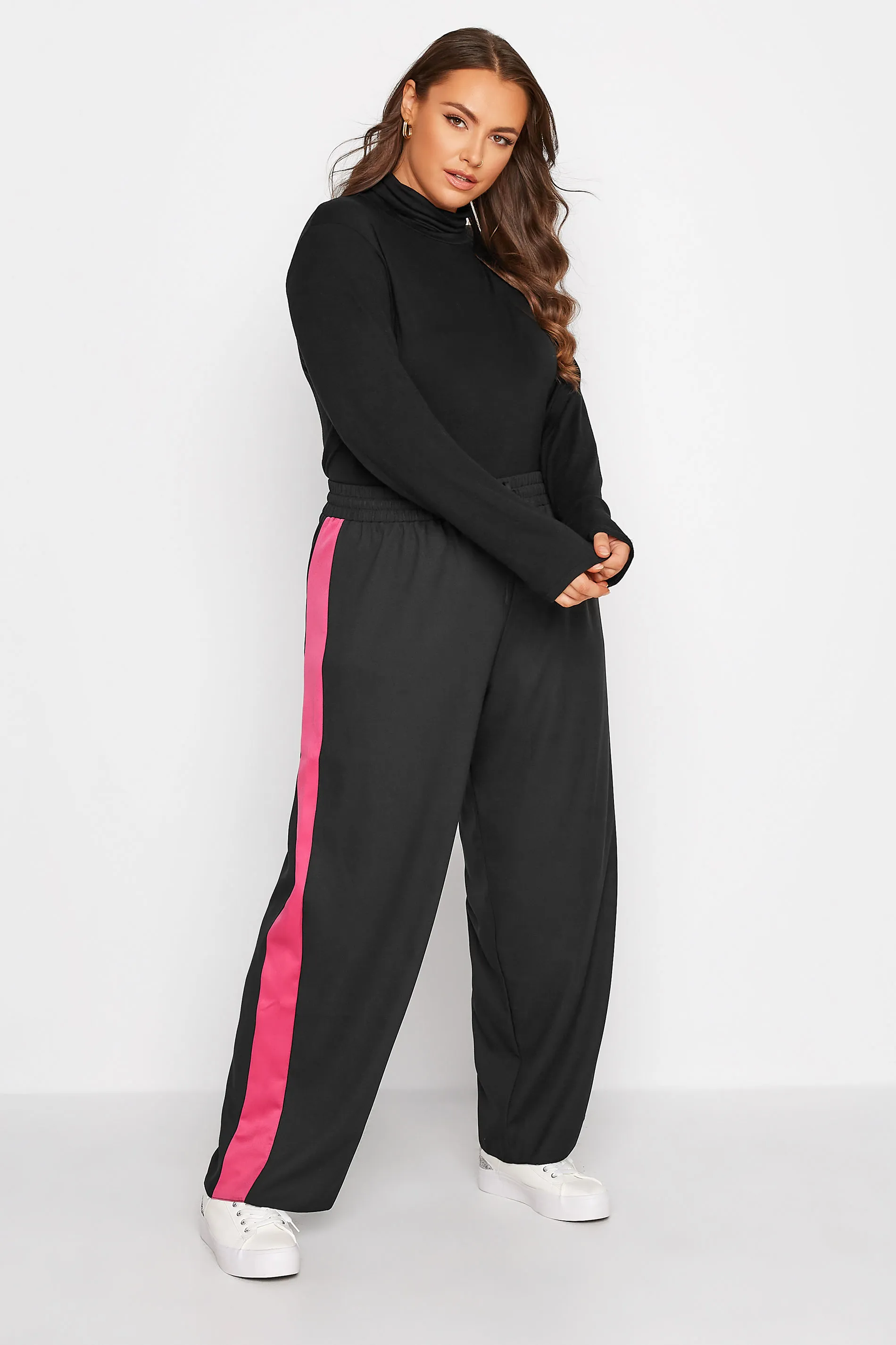 YOURS Curve Black & Pink Contrast Stripe Wide Leg Trousers