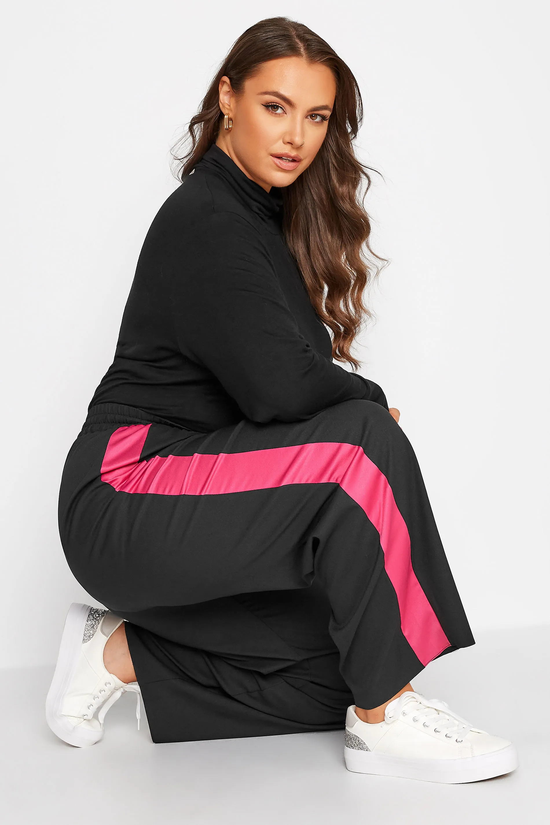 YOURS Curve Black & Pink Contrast Stripe Wide Leg Trousers