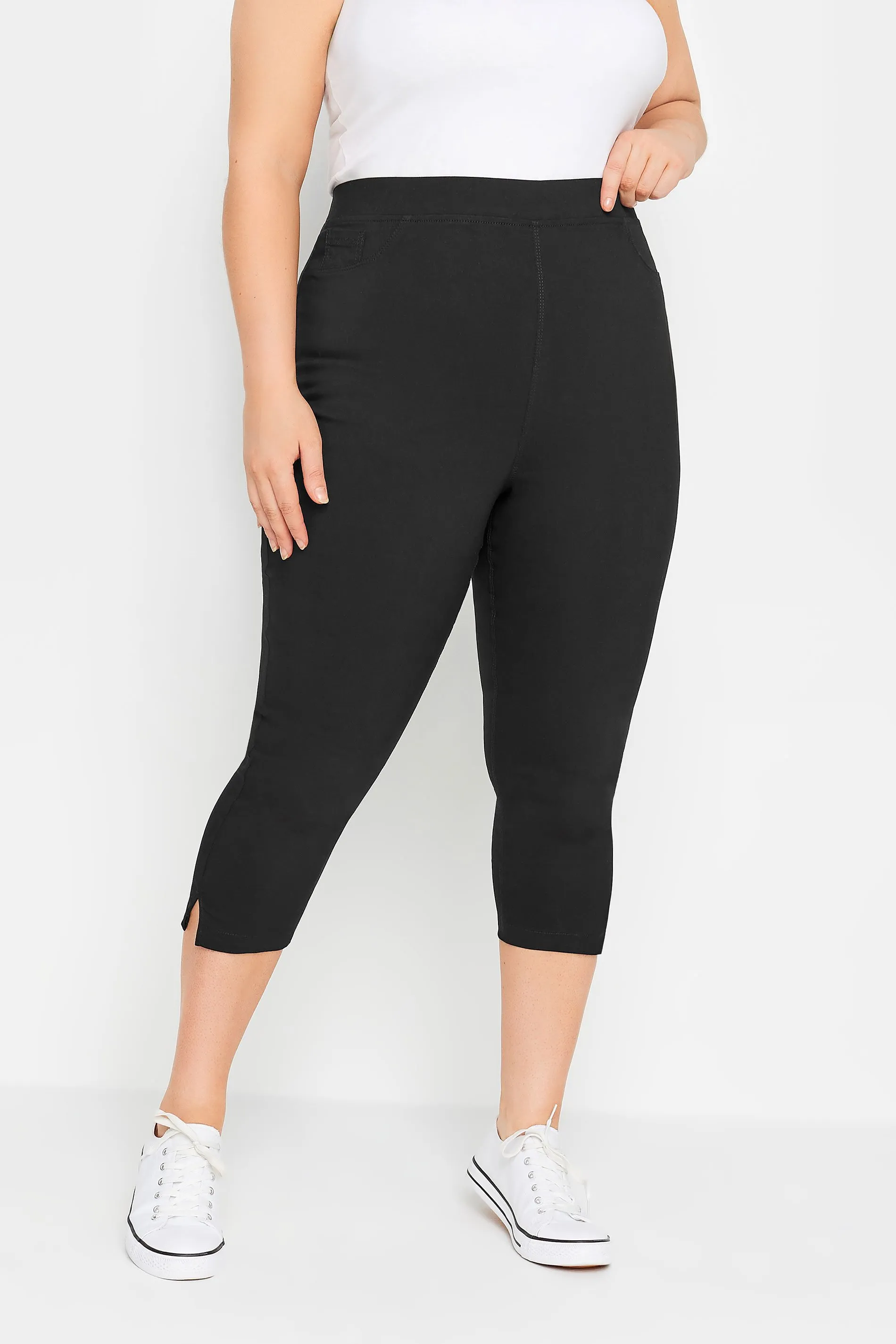 YOURS Curve Black Bengaline Cropped Stretch Pull On Trousers