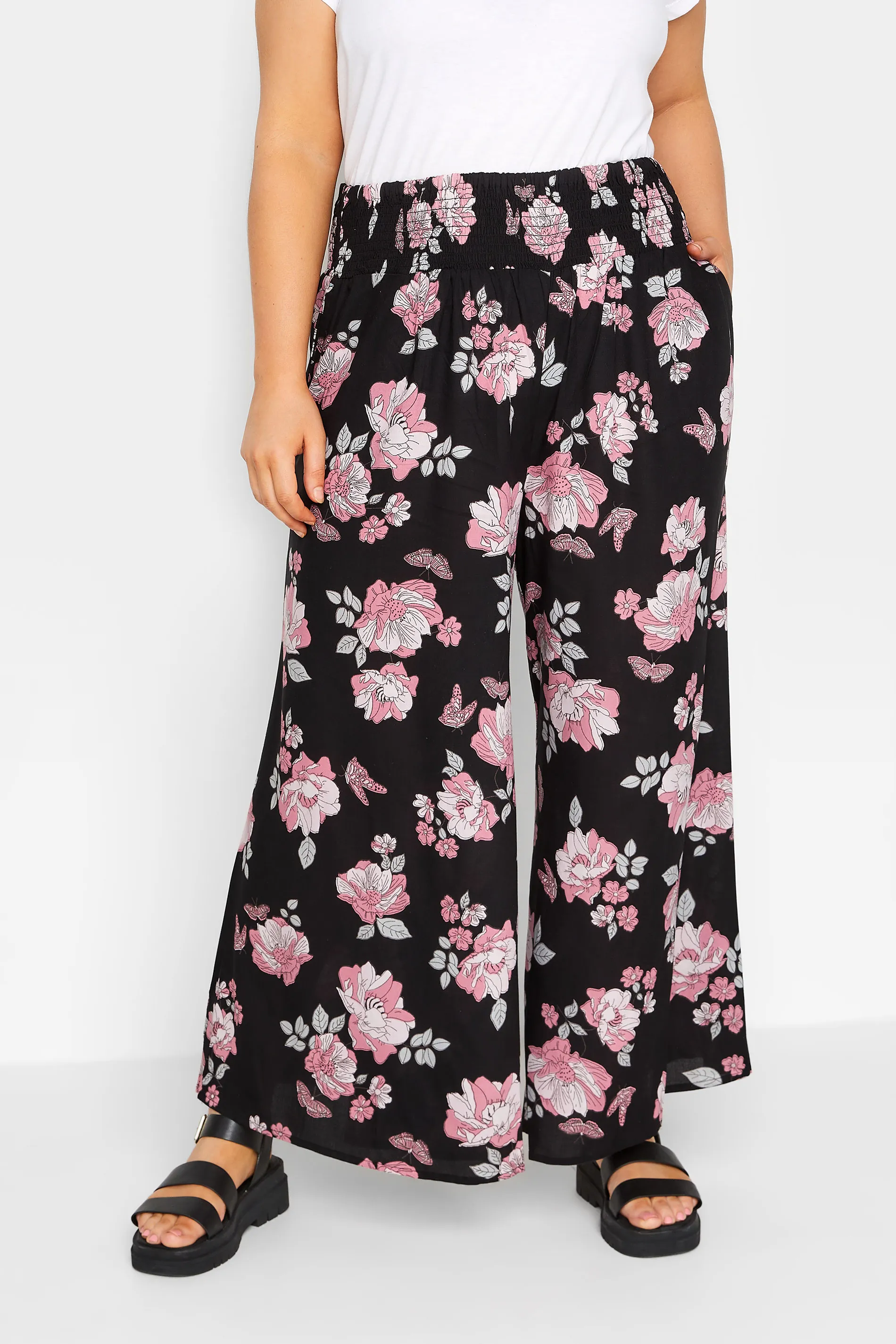 YOURS Curve Black Butterfly Print Shirred Waist Wide Leg Trousers