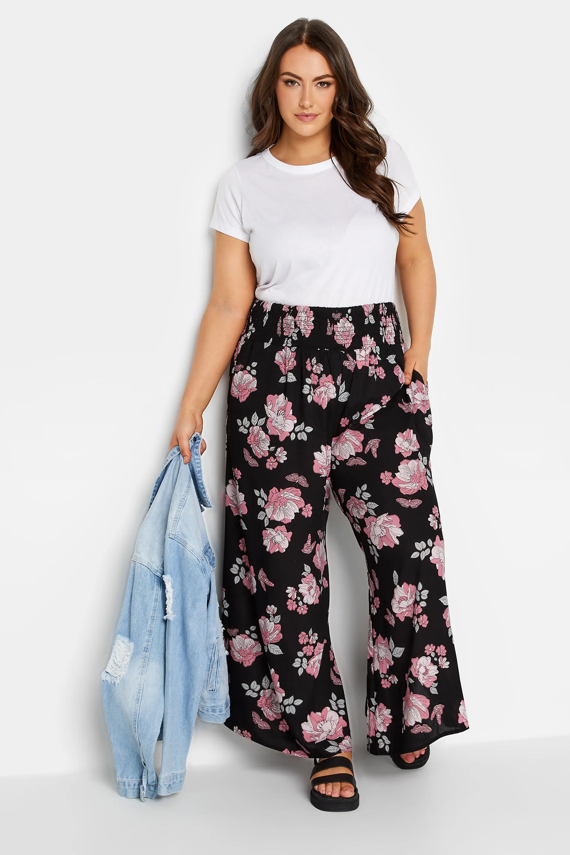 YOURS Curve Black Butterfly Print Shirred Waist Wide Leg Trousers