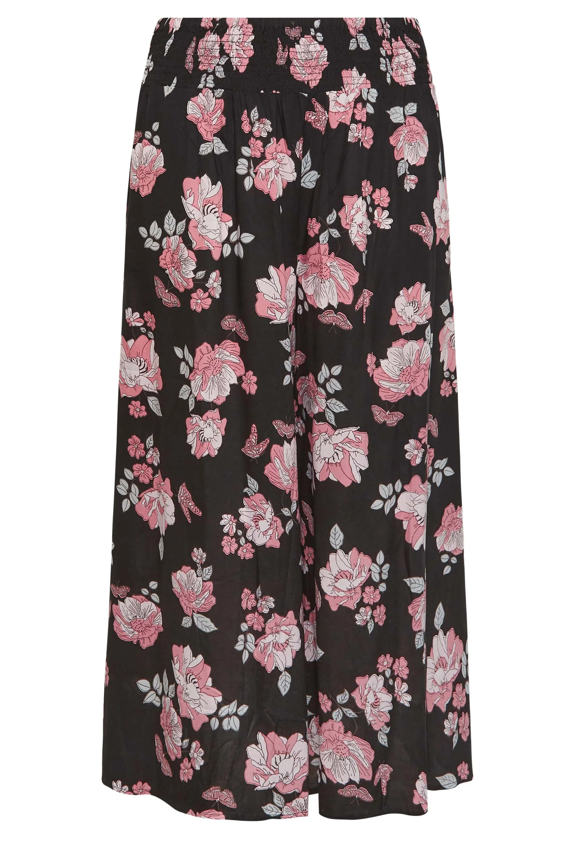 YOURS Curve Black Butterfly Print Shirred Waist Wide Leg Trousers