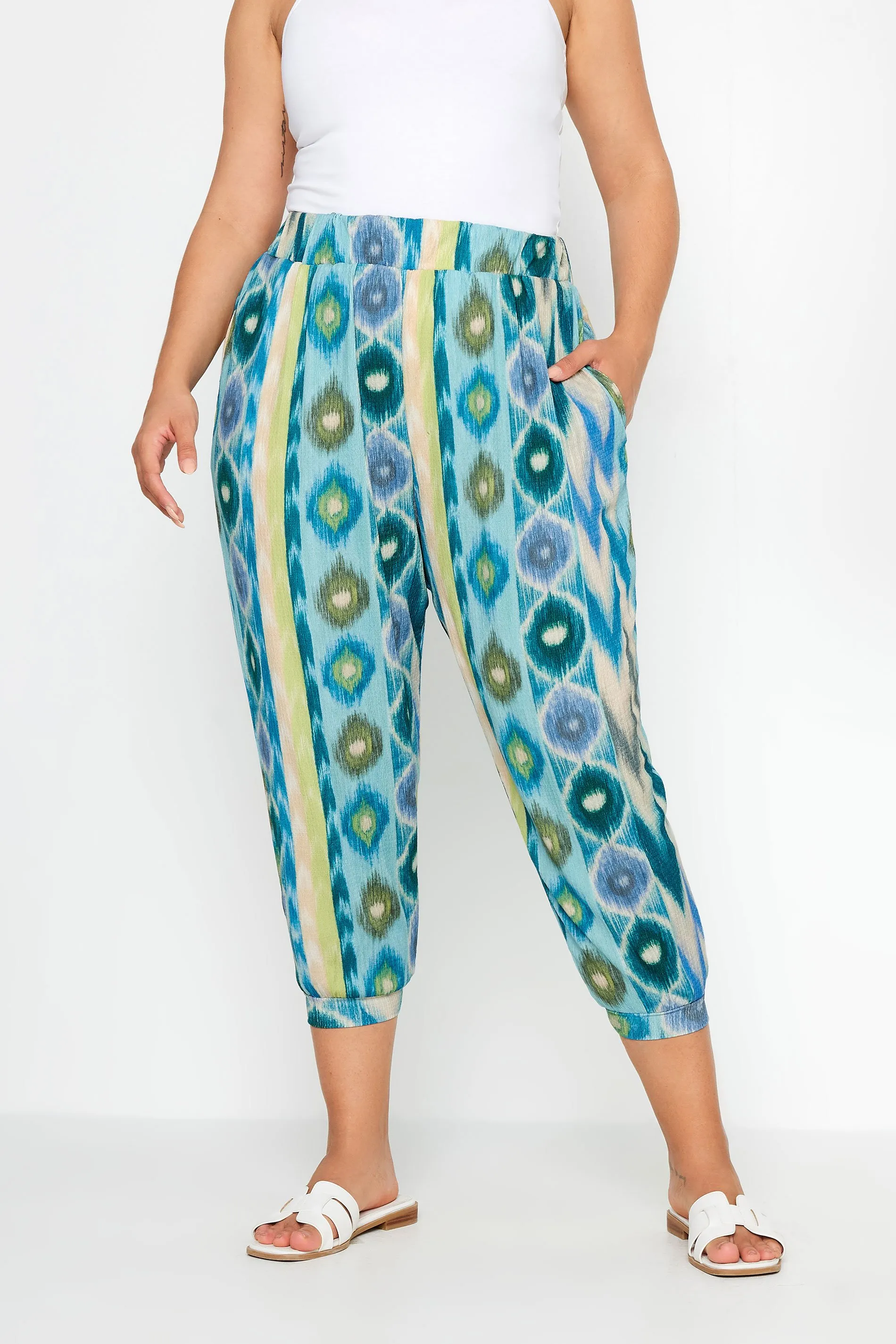 YOURS Curve Blue Abstract Print Textured Cropped Harem Trousers