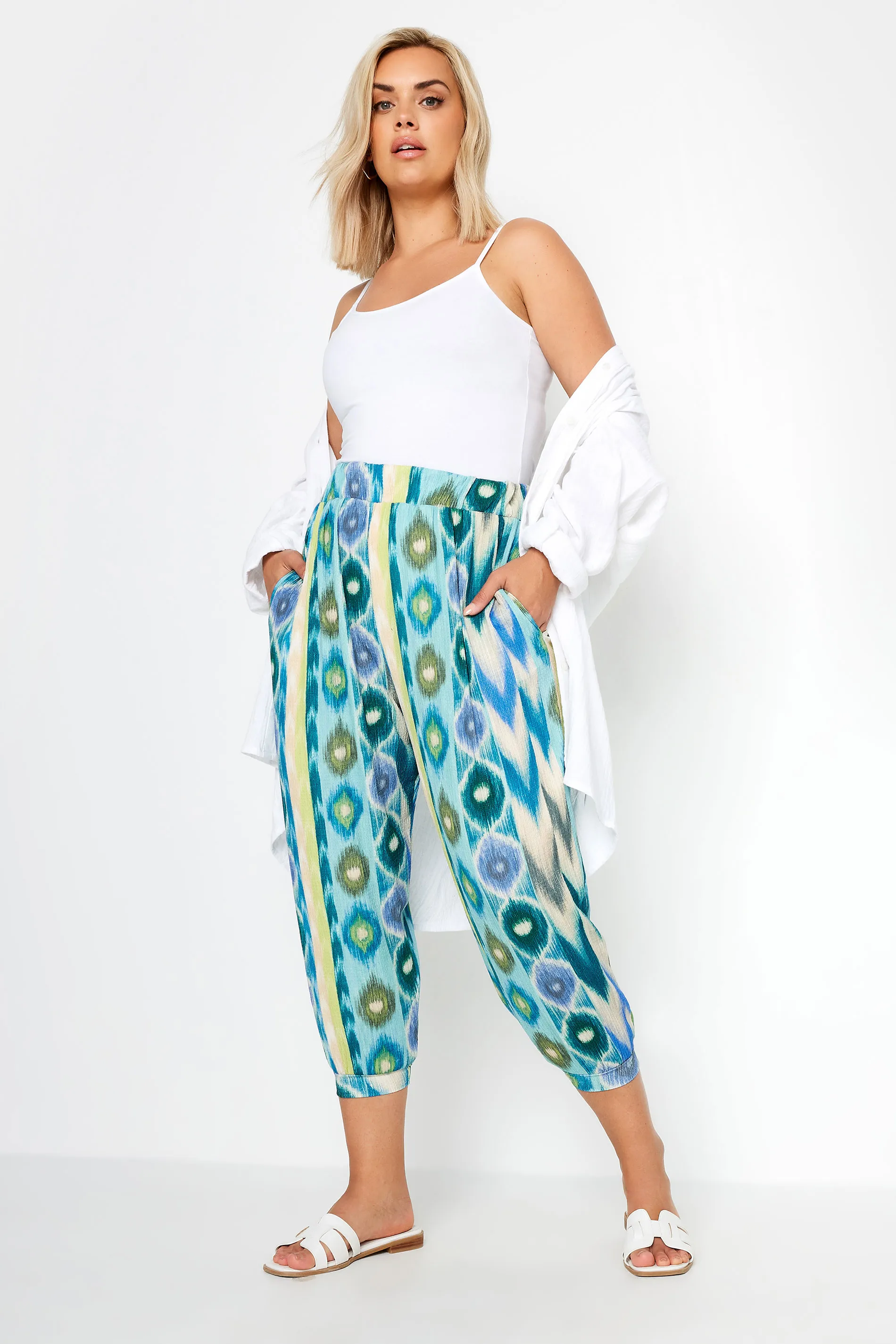 YOURS Curve Blue Abstract Print Textured Cropped Harem Trousers