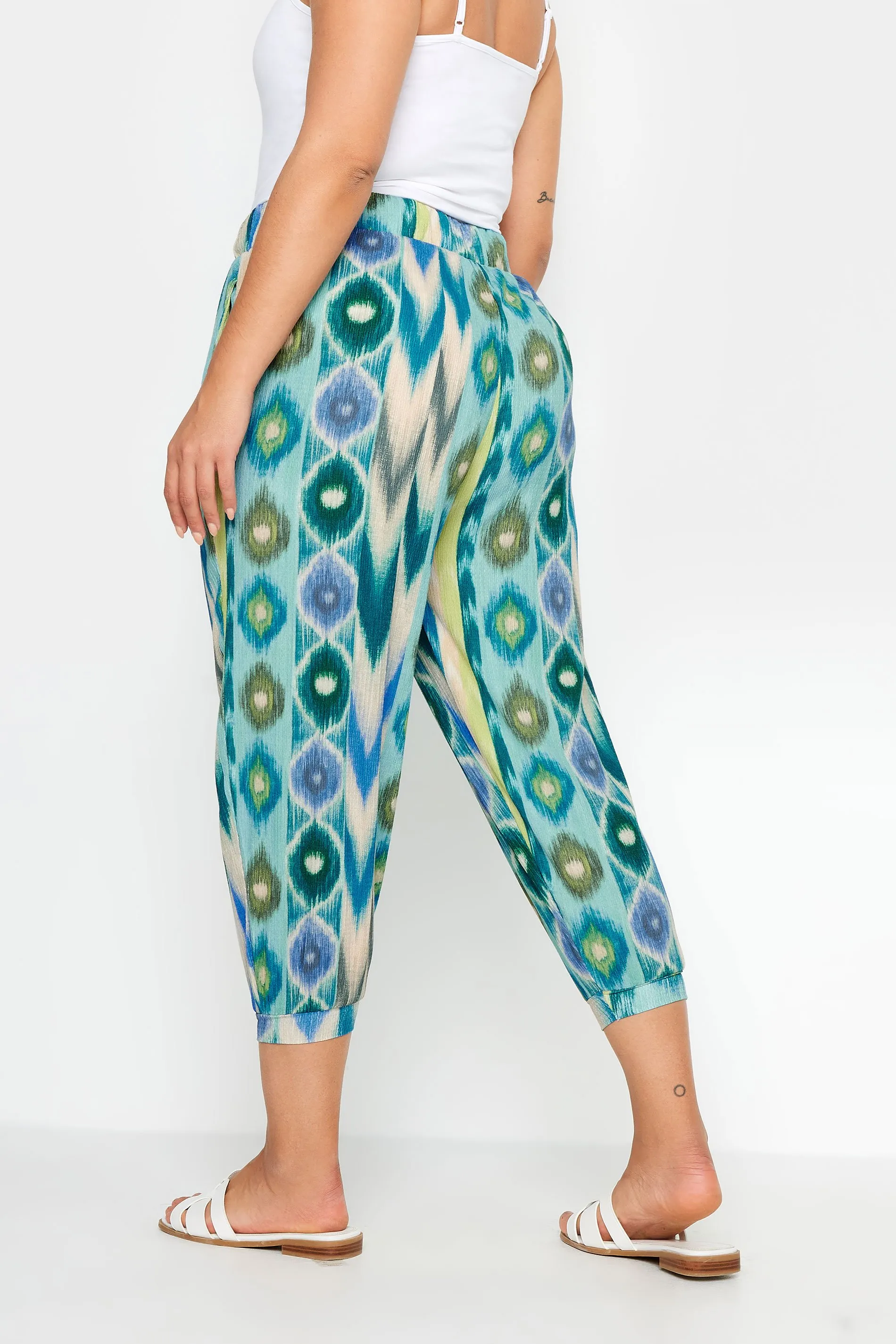 YOURS Curve Blue Abstract Print Textured Cropped Harem Trousers