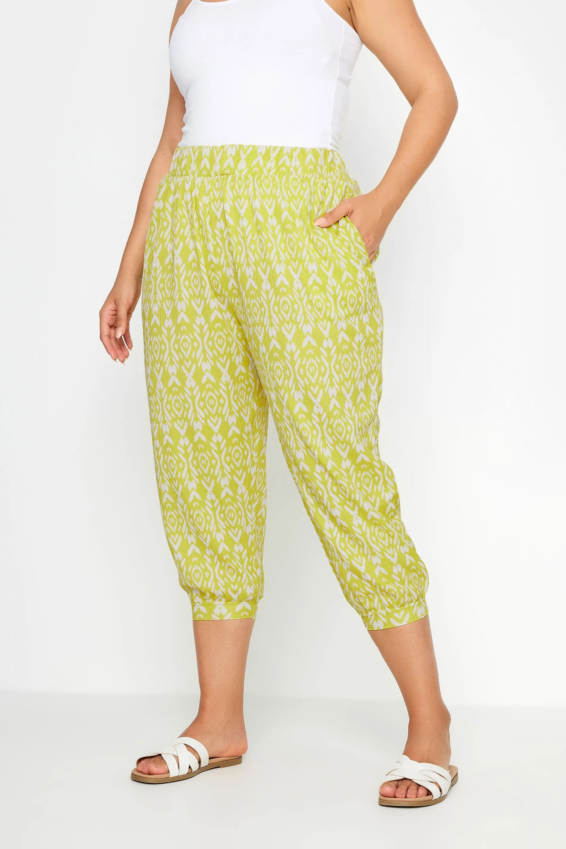 YOURS Curve Yellow Ikat Print Textured Cropped Harem Trousers