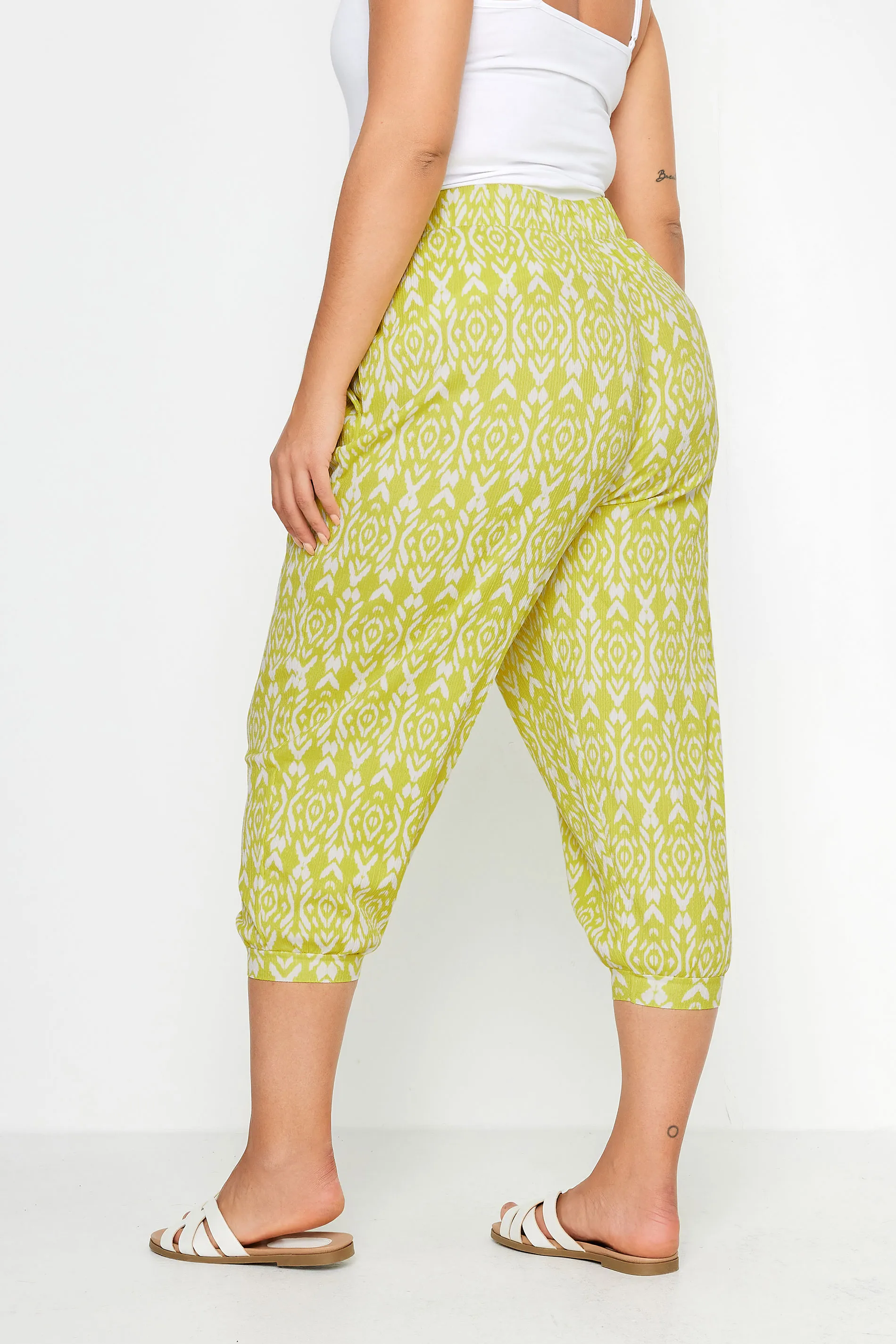 YOURS Curve Yellow Ikat Print Textured Cropped Harem Trousers