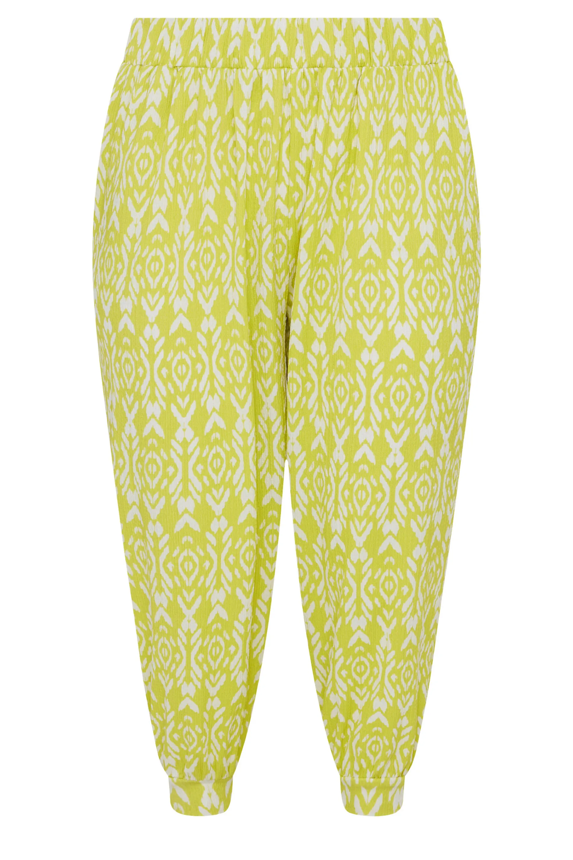 YOURS Curve Yellow Ikat Print Textured Cropped Harem Trousers